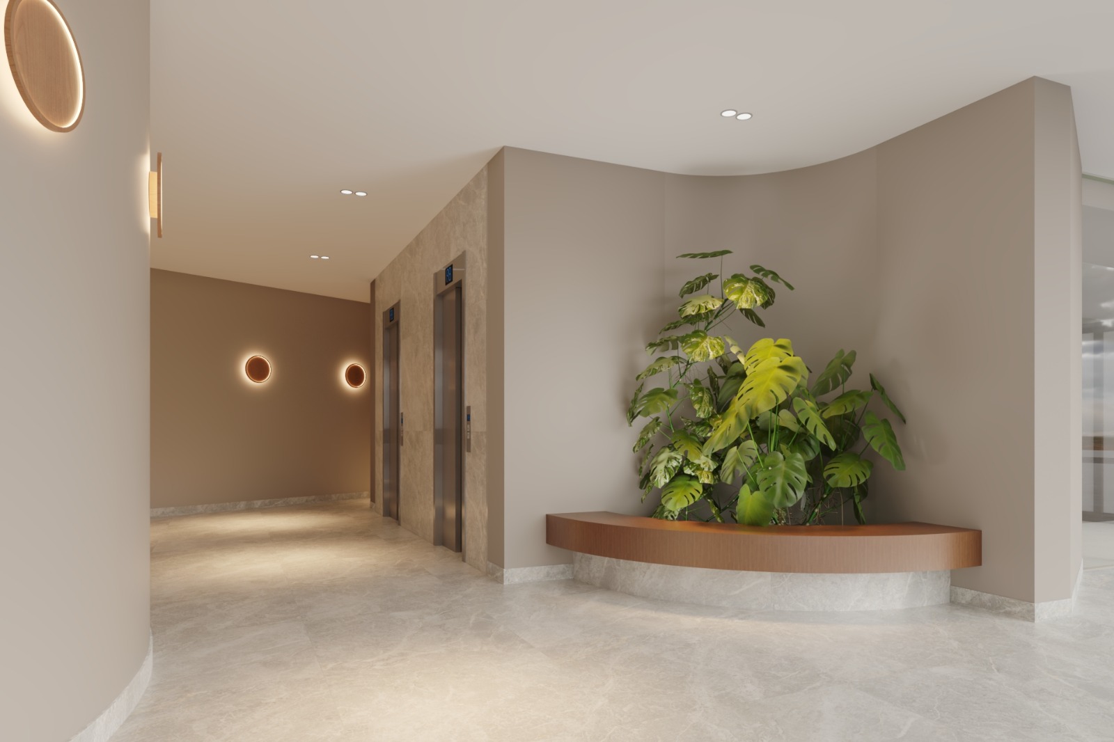 Hall dos elevadores em tons neutros com paisagismo interno