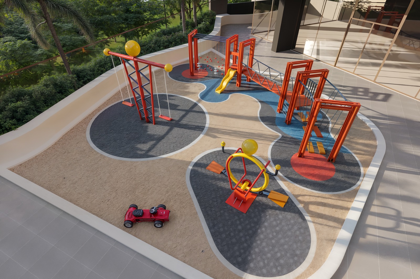 Playground externo com brinquedos coloridos e piso emborrachado