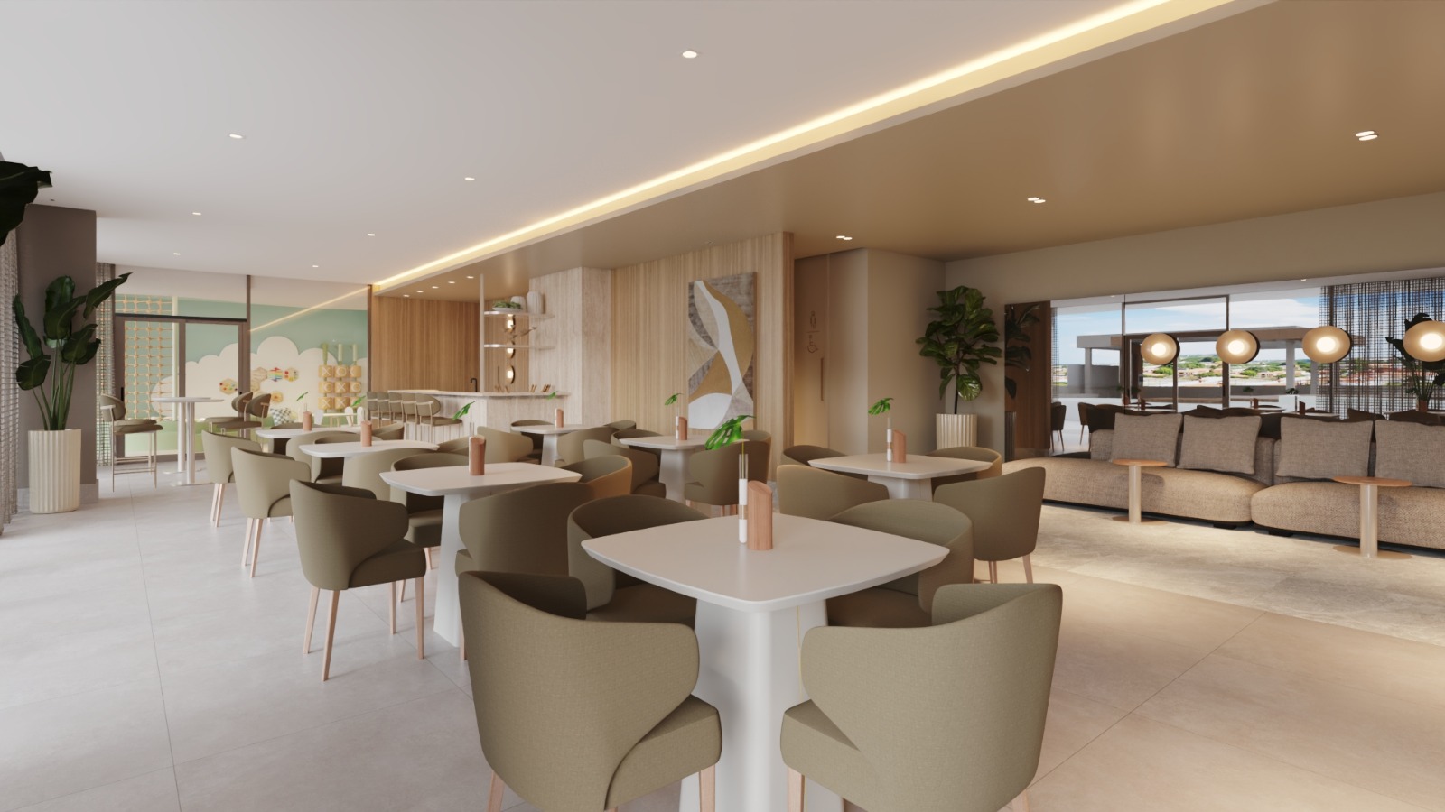 Salão de festas amplo com lounge e vista panorâmica