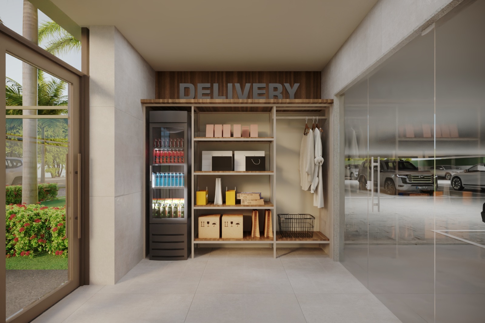 Sala de delivery com prateleiras, geladeira e cabideiro