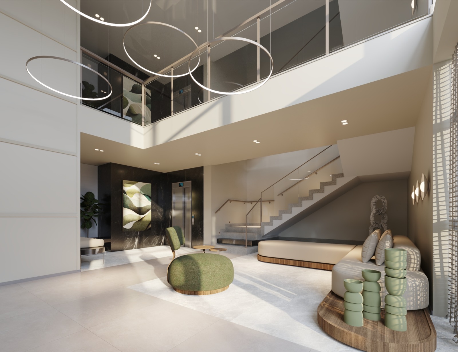 Hall de recepção pé-direito duplo com iluminação de destaque
