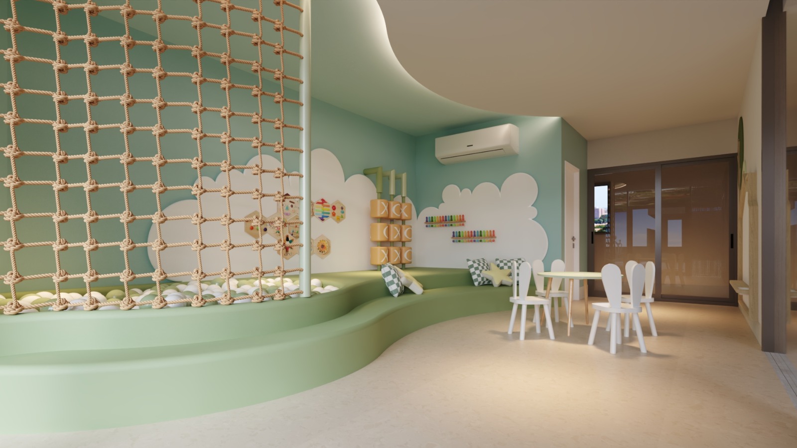 Brinquedoteca lúdica com escalada e mobiliário infantil